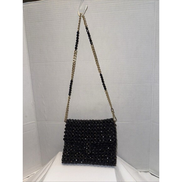 Vintage  Fancy Black Crystal Ball Beads Bag Purse Black & Gold tone Chain - Picture 7 of 8